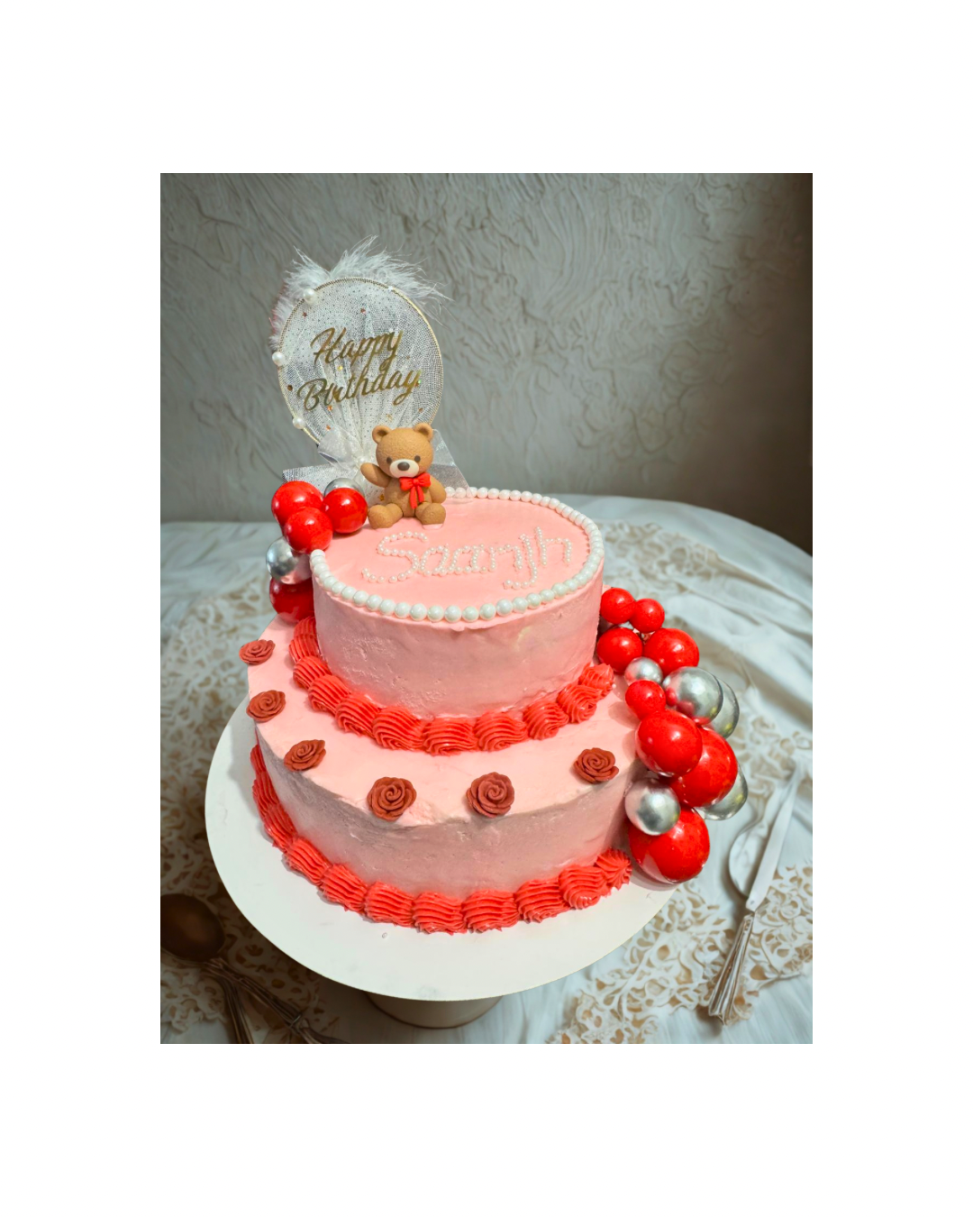 Pink Two-Tier Teddy Birthday Cake